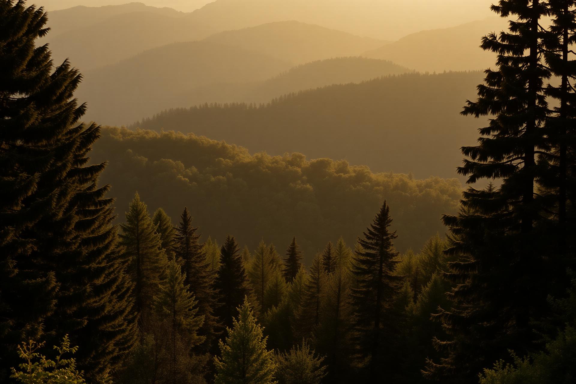 Misty evergreen forest at golden hour over rolling Maryland hills